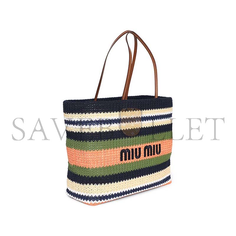 MIU MIU TESSUTO STRIPED WOVEN FABRIC TOTE BAG BLUE AND IVY 5BG228 (40*34*16cm)